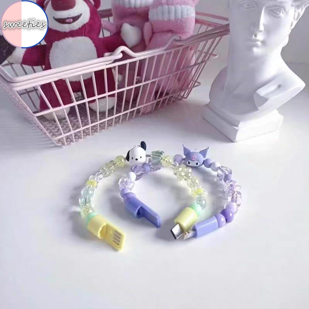 2 trong 1 sanrio kuromi phim hoạt hình hạt dễ thương sạc dữ liệu cáp usb vòng đeo tay phù hợp với ios type-c