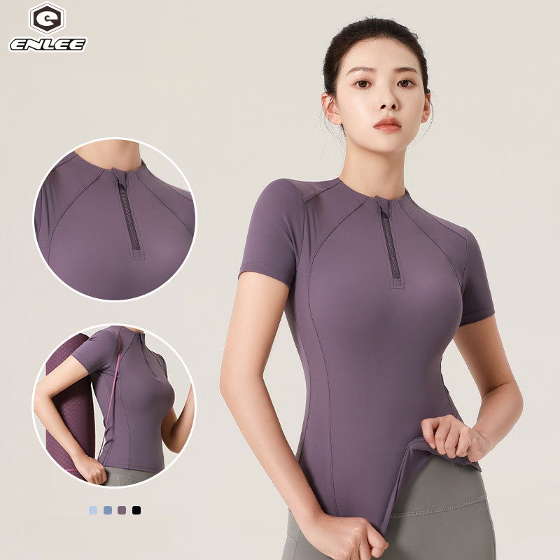 Áo thun ENLEE ngắn tay ôm dáng màu trơn thoáng khí khô nhanh thời trang chạy bộ tập yoga ngoài trời dành cho nữ
