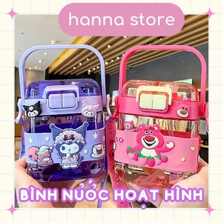 Bình nước 2 nắp cho bé disney sanrio nhựa tritan có dây đeo hình kitty, mickey, gấu dâu, kuromi siêu dễ thương-hanna