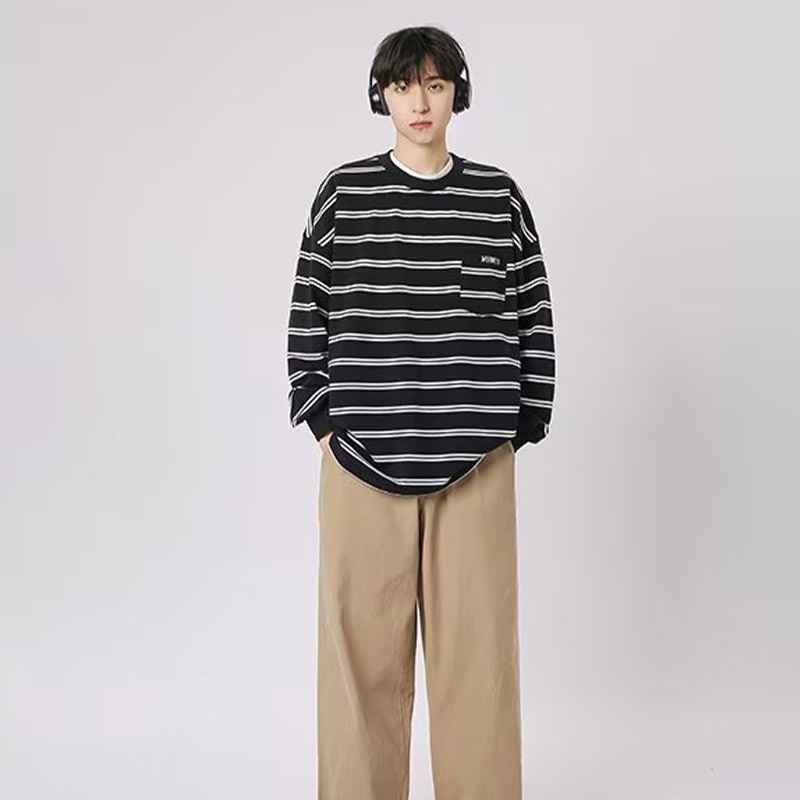 Eershenshi Áo sweater Cổ Tròn Kẻ Sọc Phối Túi Đơn Giản Chất Lượng Cao Phong Cách Hàn Quốc Dễ Phối Đồ Cho Nam
