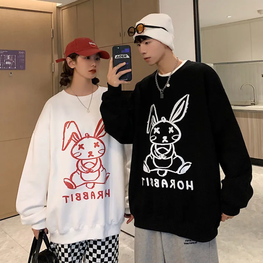 Phong cách hàn quốc rộng rãi cổ tròn chữ in hình thỏ mùa xuân và mùa thu cộng với kích thước áo len nam dễ thương dài tay đường phố giản dị cặp đôi áo khoác trên cùng