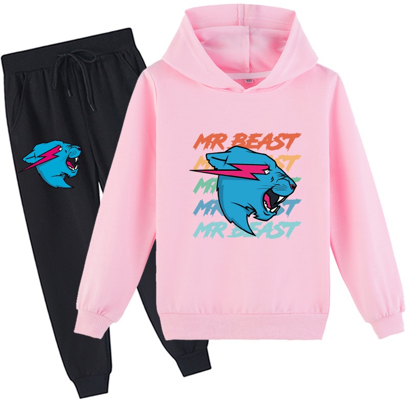 Trẻ em 4-14 tuổi mr beast lightning cat mr. Quần áo mèo bộ in mùa thu 2 cái áo dài tay + quần trẻ em bé trai cô gái phim hoạt hình áo khoác ngoài hoodie