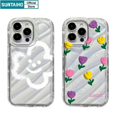 Suntaiho ốp iphone hoa Ốp Lưng tulip trong suốt mặt cười trắng với những bông hoa đầy màu sắc vỏ điện thoại thích hợp cho iphone 13 pro max 14 12 11 xs xr x 8 7 plus sóng trong suốt tpu bảo vệ