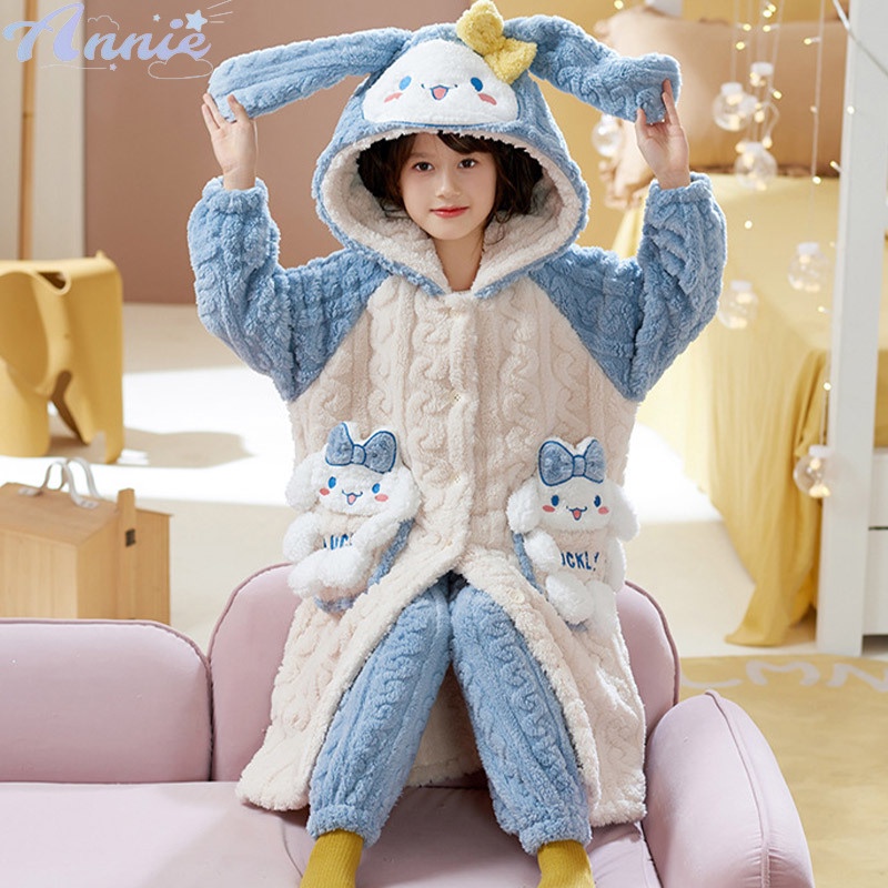 Annie Trẻ em váy ngủ cô gái đồ ngủ san hô lông cừu mùa thu đông cộng với lông cừu dày flannel quần áo ở nhà chiều dài trung bình bộ đồ trẻ em