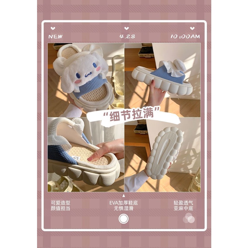 Sanrio Kulomi Linen Dép đi trong nhà của phụ nữ Mềm mại dày Đáy không trơn trượt Phim hoạt hình dễ thương Dép đi trong nhà dành cho phụ nữ