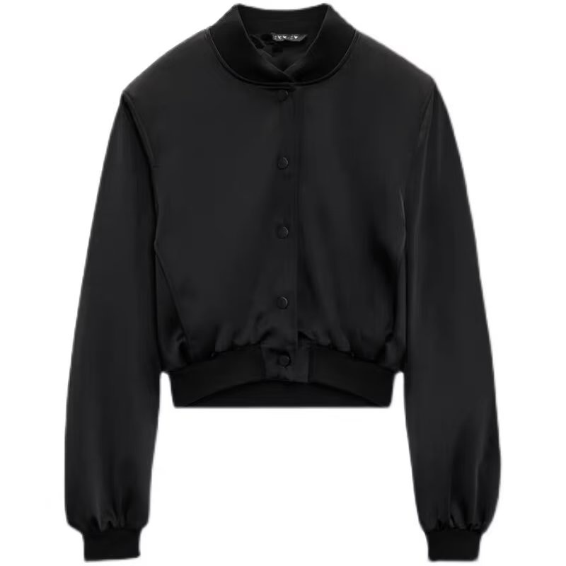 Zara autumn new stand neck silk satin textured short pilot jacket coat 4432771