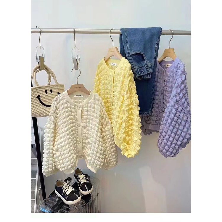 Áo khoác bé gái 90-140cm Xuân thu Phong cách mới Kiểm tra bong bóng Tính khí Áo khoác Cardigan trẻ em cổ tròn thời trang Áo khoác dài tay thông thường