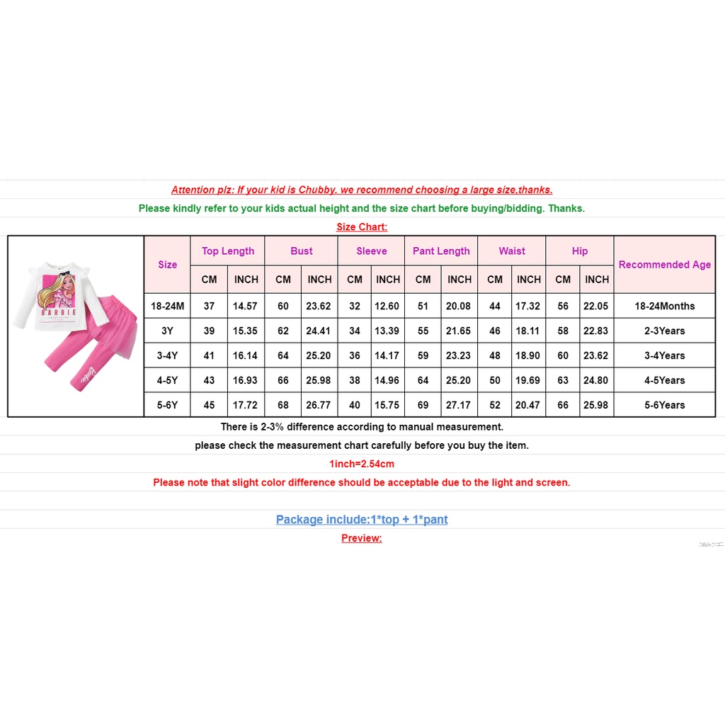 1-6years kids baby girl barbie bộ quần áo mẫu barbie in áo dài tay + váy pant mùa thu trang phục 2 cái đáng yêu