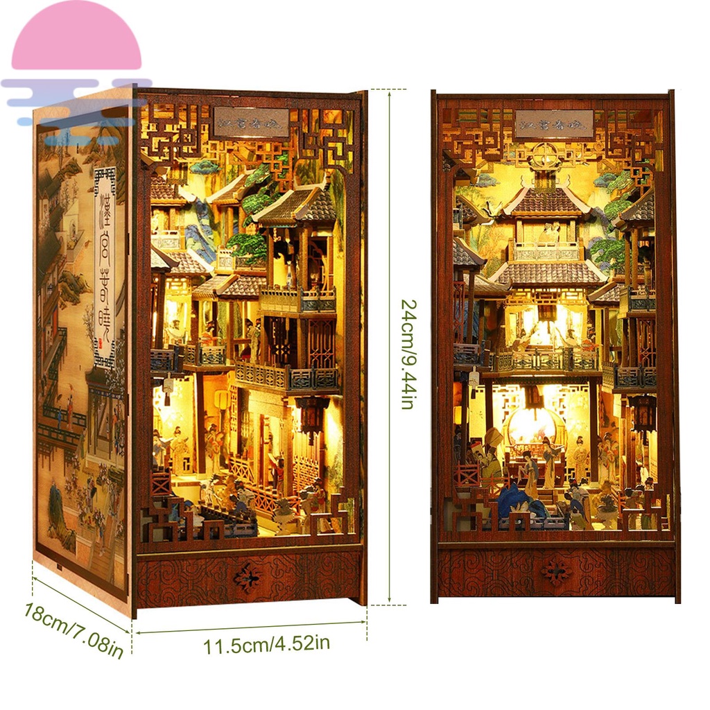 Diy book nook kit 3d xếp hình bằng gỗ giá sách chèn trang trí với cảm biến led ánh sáng diy miniature dollhouse model kit shops shopkc0122