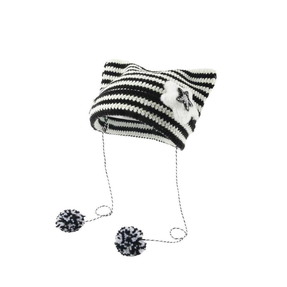 Muvako Mũ len dệt kim, với mũ chui đầu năm cánh pompom, quỷ nhỏ sọc tai mèo dễ thương mũ beanie thu đông