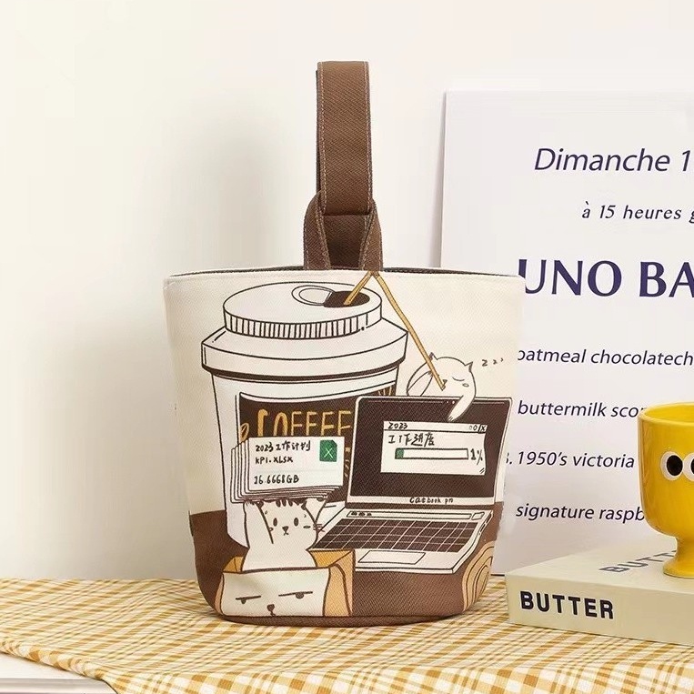 Túi xô vải mới cà phê mèo in túi xách nhỏ bento túi nhỏ