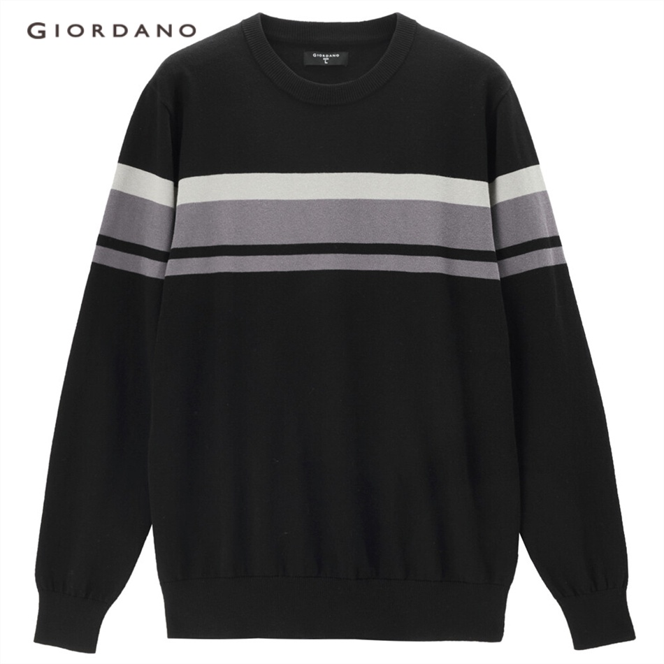 Áo len nam GIORDANO 13053601 cotton cổ tròn màu tương phản thời trang