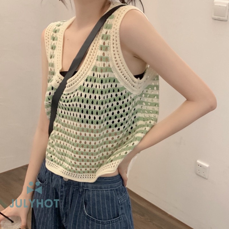 Áo hai dây dệt kim khoét lỗ sọc mùa hè mát mẻ Áo ba lỗ dáng rộng không tay cổ tròn cho nữ VN