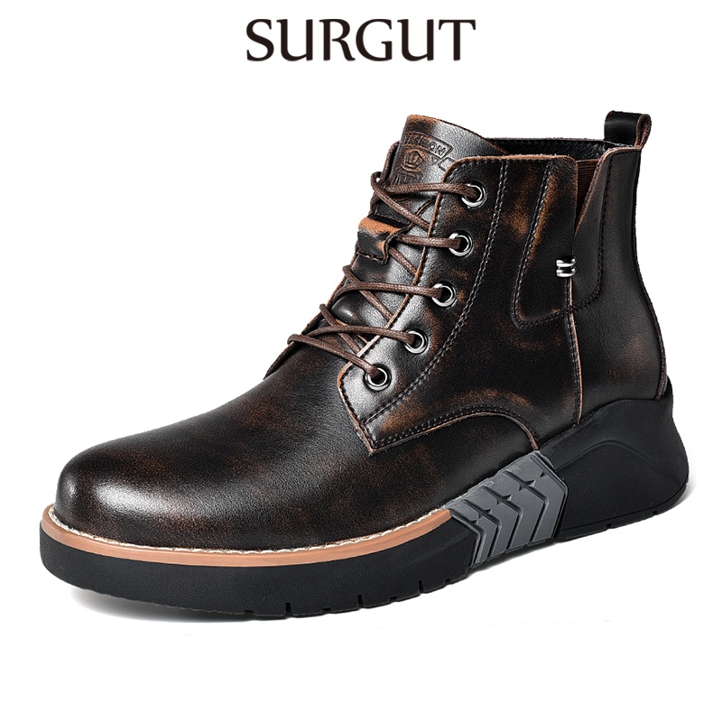 Surgut thời trang mùa thu trượt trên cổ chân boots nam thoải mái đi xe máy boots nam tăng chiều cao da thật boots ngoài trời