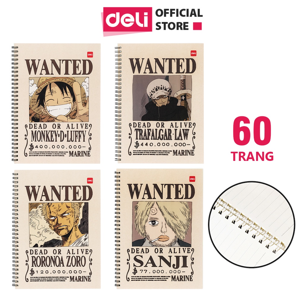 Sổ gáy xoắn kẻ ngang Deli - Họa tiết One Piece, Khổ kẻ ngang, B5 120 trang màu ngẫu nhiên - EN004