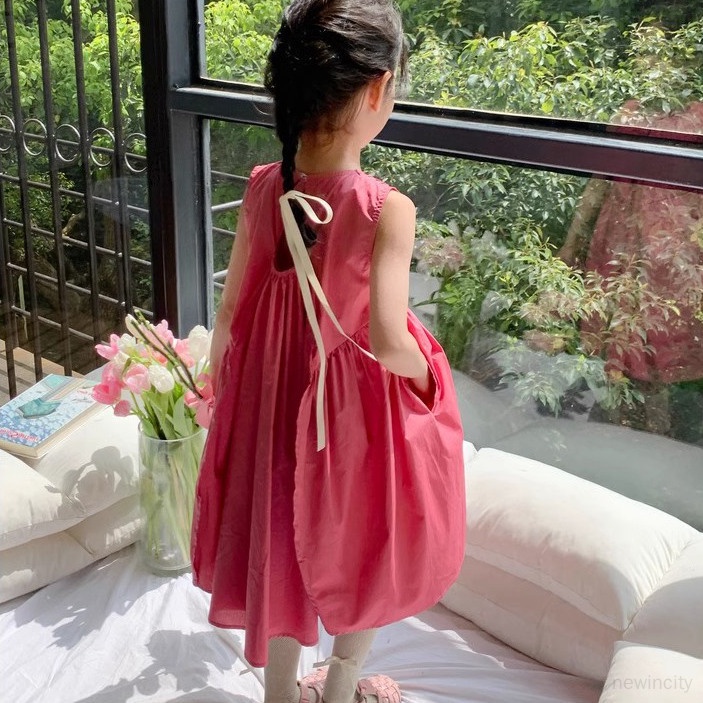 Trẻ em hàn quốc cô gái thường không tay xù váy đồng màu