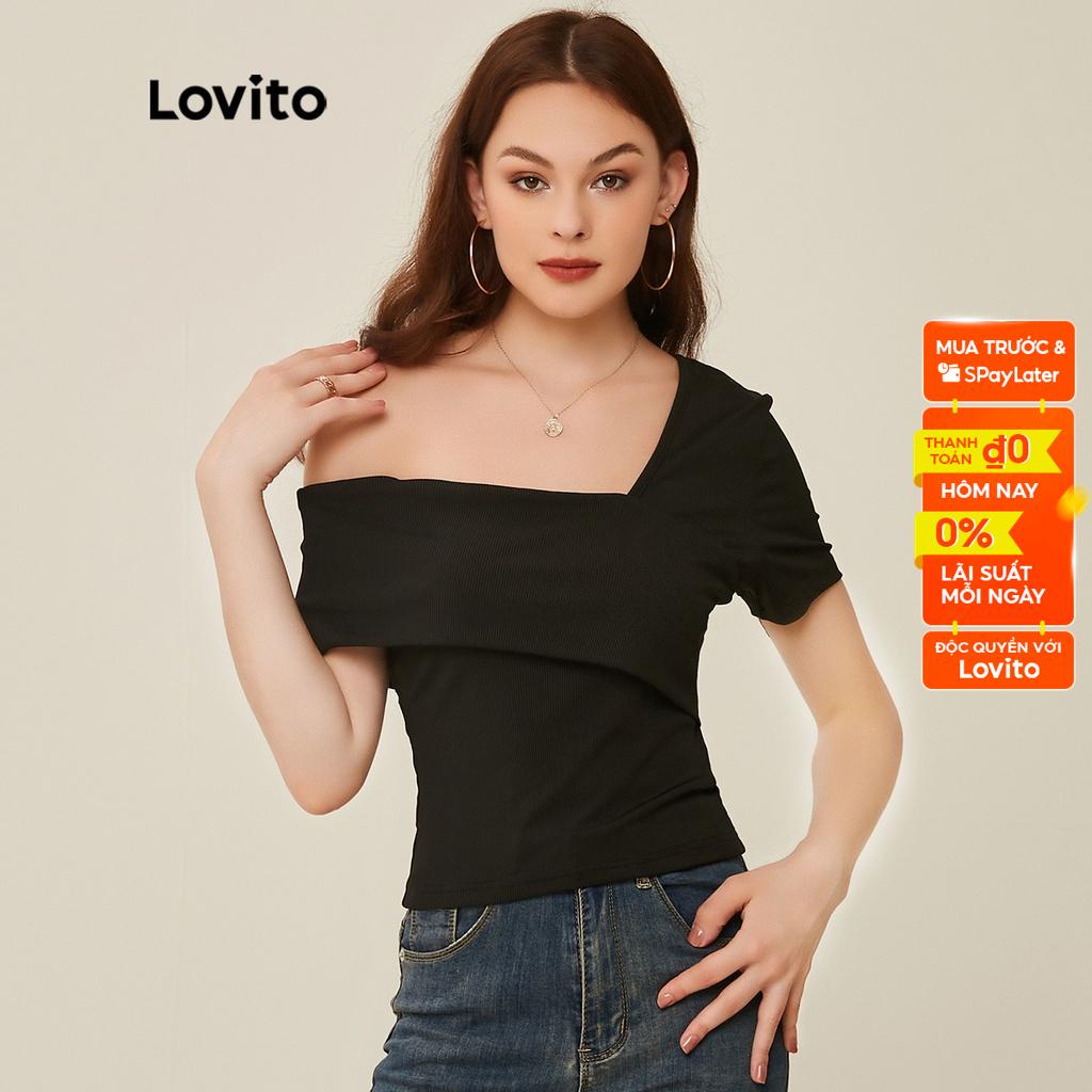 Lovito Áo Thun Nữ Ngắn Tay Màu Đen Gợi Cảm L20D483