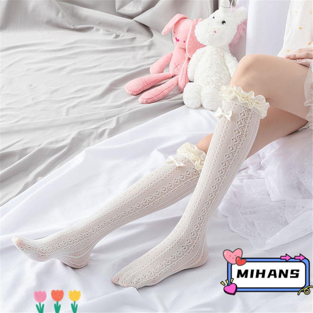 Đôi vớ cổ cao siêu mỏng phối ren đính nơ màu trắng / đen thời trang phong cách lolita cho nữ