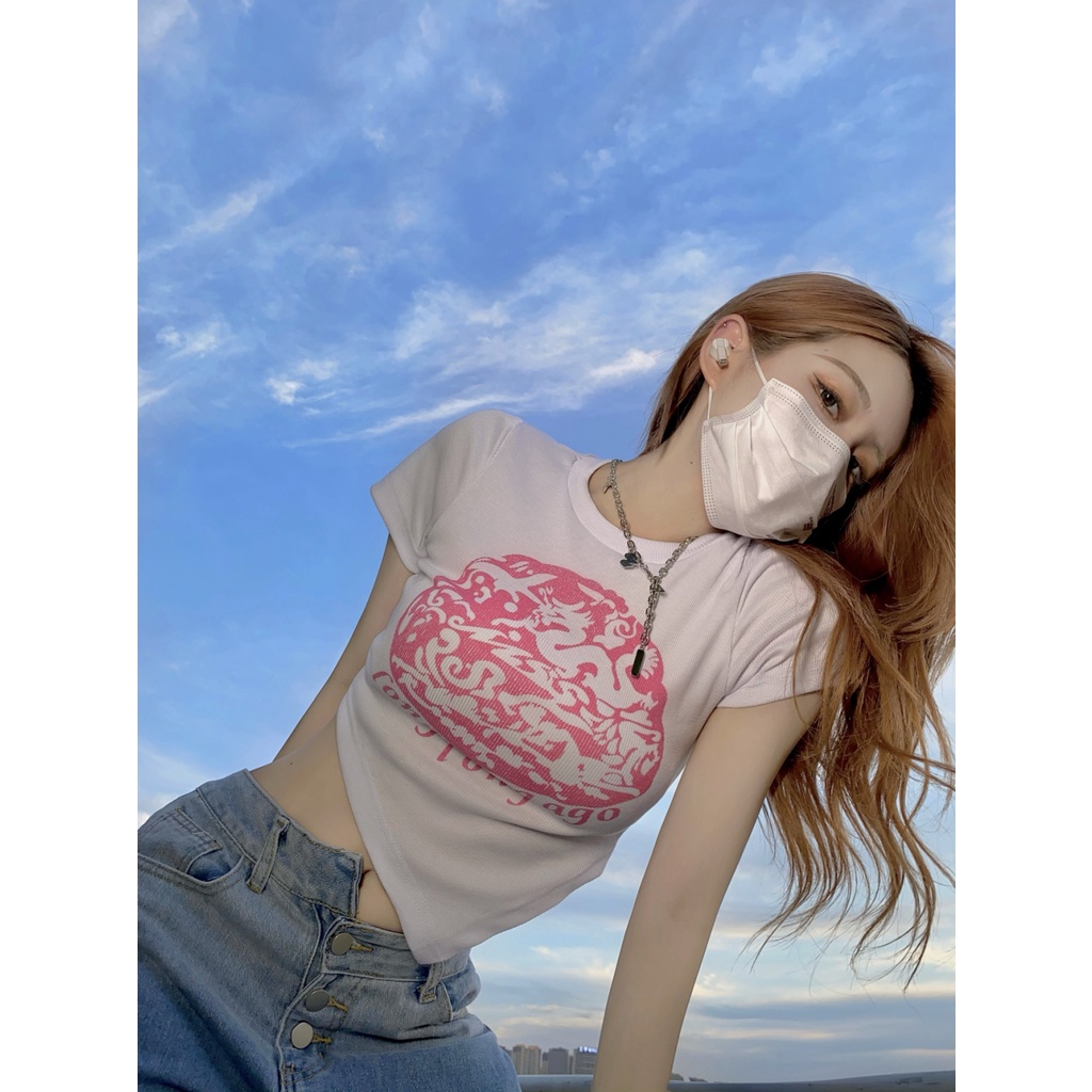 Ethelgirl Áo Croptop Tay Ngắn Dáng Ôm In Họa Tiết Phong Cách Cổ Điển Thời Trang Quyến Rũ Cho Nữ