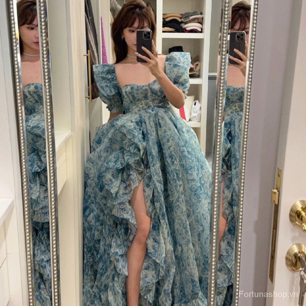 Sớm Mùa Xuân Phong Cách Mới Áo Tay Phồng In Họa Tiết Sứ Trắng Xanh Siêu Thơ Cao Cấp Dáng Hẹp Eo Pettiski