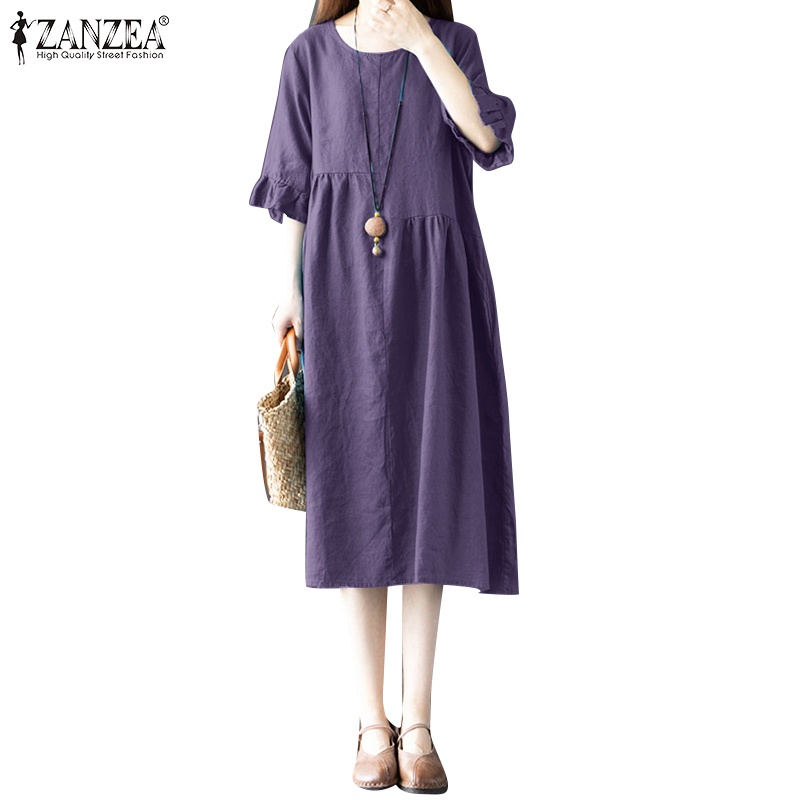 Đầm nữ ZANZEA tay lửng cổ tròn phối bèo thời trang