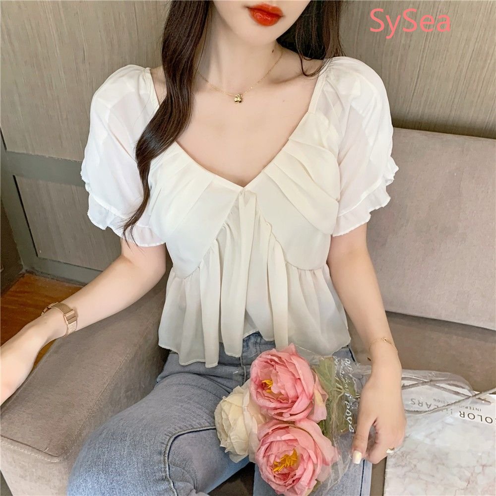 Áo Kiểu Vải Voan Tay Ngắn Cổ Chữ V Thời Trang Hè Trẻ Trung Cho Nữ