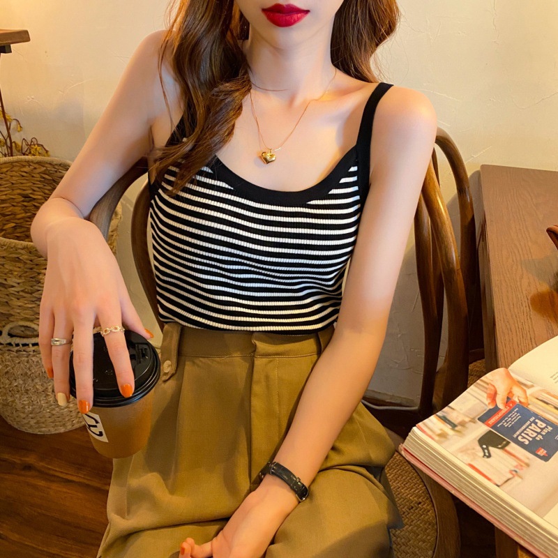 IELGY Áo Dệt Kim Không Tay Dáng Ôm Họa Tiết Kẻ Sọc Phong Cách hong kong Thời Trang Cho Nữ