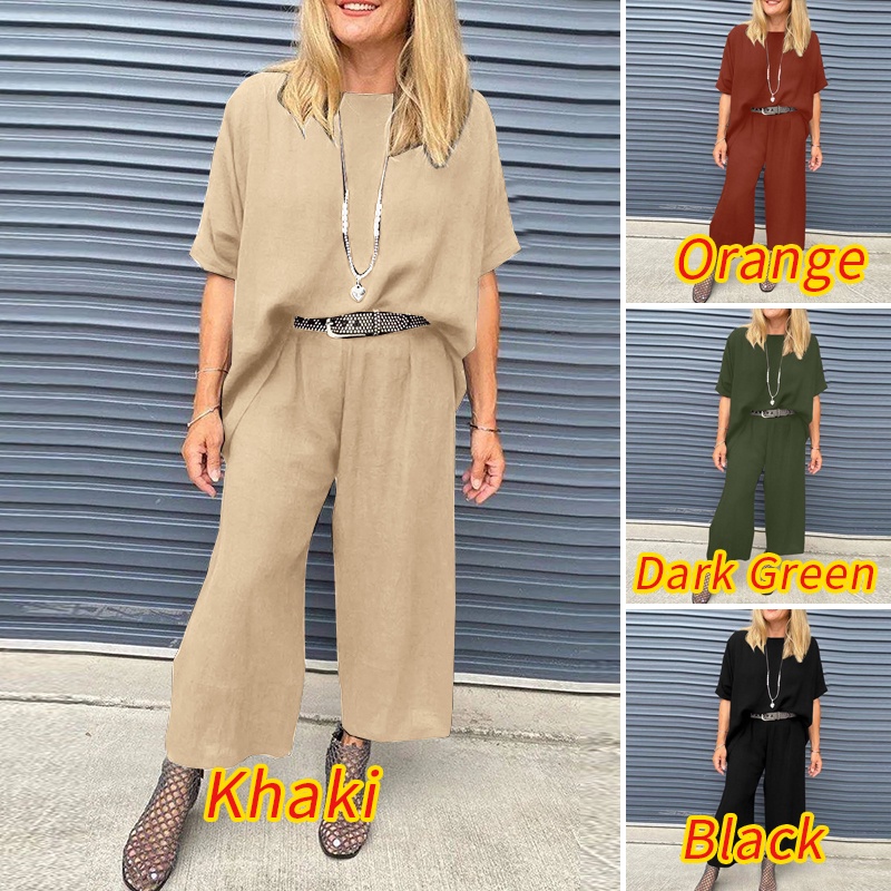 Zanzea Set Áo Kiểu Cổ Tròn Tay Lỡ + Quần Dài Lưng Thun Thời Trang Nữ