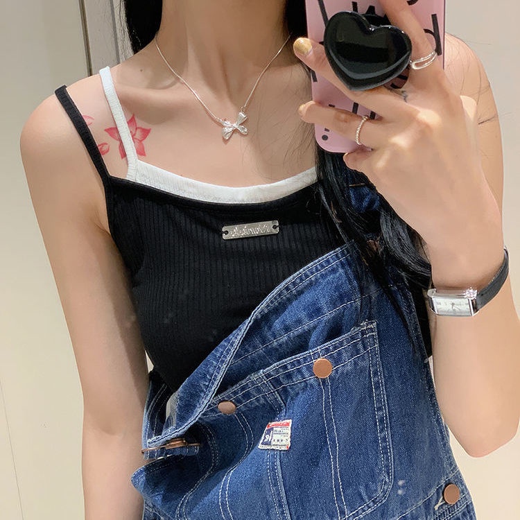 Wild Girl Áo Croptop Giả Hai Lớp Màu Trơn Thời Trang Cho Nữ