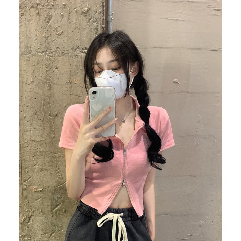 Áo Thun Xám Tay Ngắn Phối Khóa Kéo Đôi Thời Trang Mùa Hè Cho Nữ Gor22