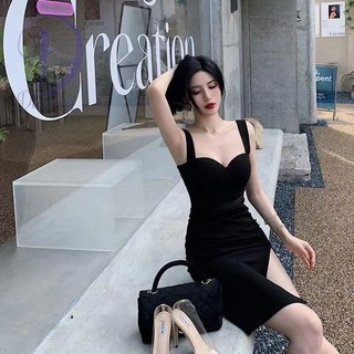 [DC] Đầm Hai Dây Ôm Dáng Xẻ Tà Chéo Màu Đen Thiết Kế Gợi Cảm Cao Cấp Cho Nữ