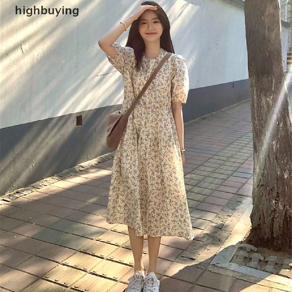 Đầm Midi Tay Ngắn Cổ Tròn In Họa Tiết Hoa Phong Cách Hàn Quốc Cho Nữ