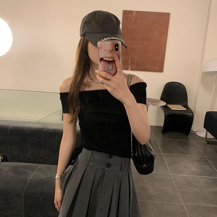 COZOKC Áo Thun Tay Ngắn Trễ Vai Thiết Kế Dây Rút Xếp Ly Xinh Xắn