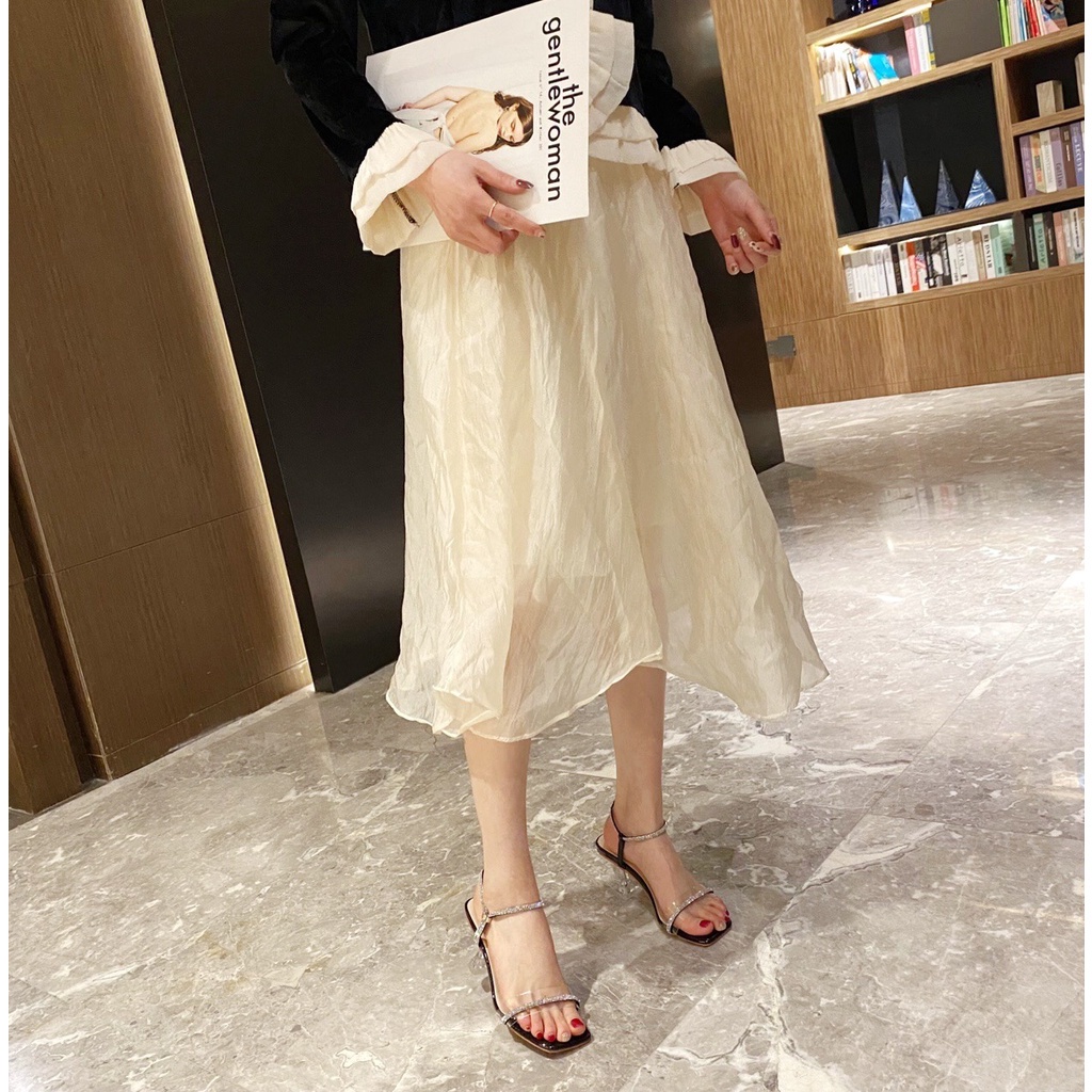 Sandal cao gót sandanl dép nữ quai xoàn gót Meka ly 7p giày cao gót mũi vuông quai đính đá T39