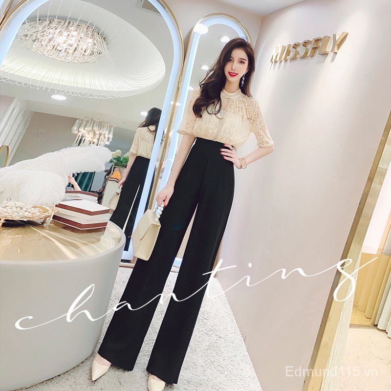 Jumpsuit Lưng Cao Ống Rộng Phối Ren Phong Cách Phương Tây Thời Trang Mùa Hè Hàng Mới Dành Cho Bạn Nữ