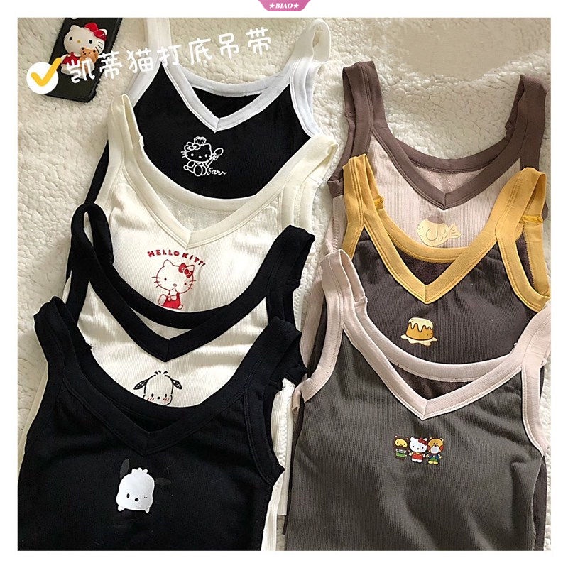 Áo Lót Dạng Vest Bằng Cotton Phối Nhung Dày Họa Tiết Hoạt Hình Sanrioed Hello Kitty Thời Trang Cho Bé Gái