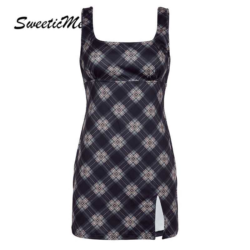 Đầm Ngắn Cổ Vuông Hở Lưng Xẻ Tà Họa Tiết Kẻ Sọc Màu Tương Phản Thời Trang Mới 2023 Dành Cho Bạn Nữ