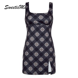 SweeticMe Nữ Mới Thời Trang Kẻ Sọc Màu Sắc Tương Phản Lưng Khe Vuông Cổ Ngắn