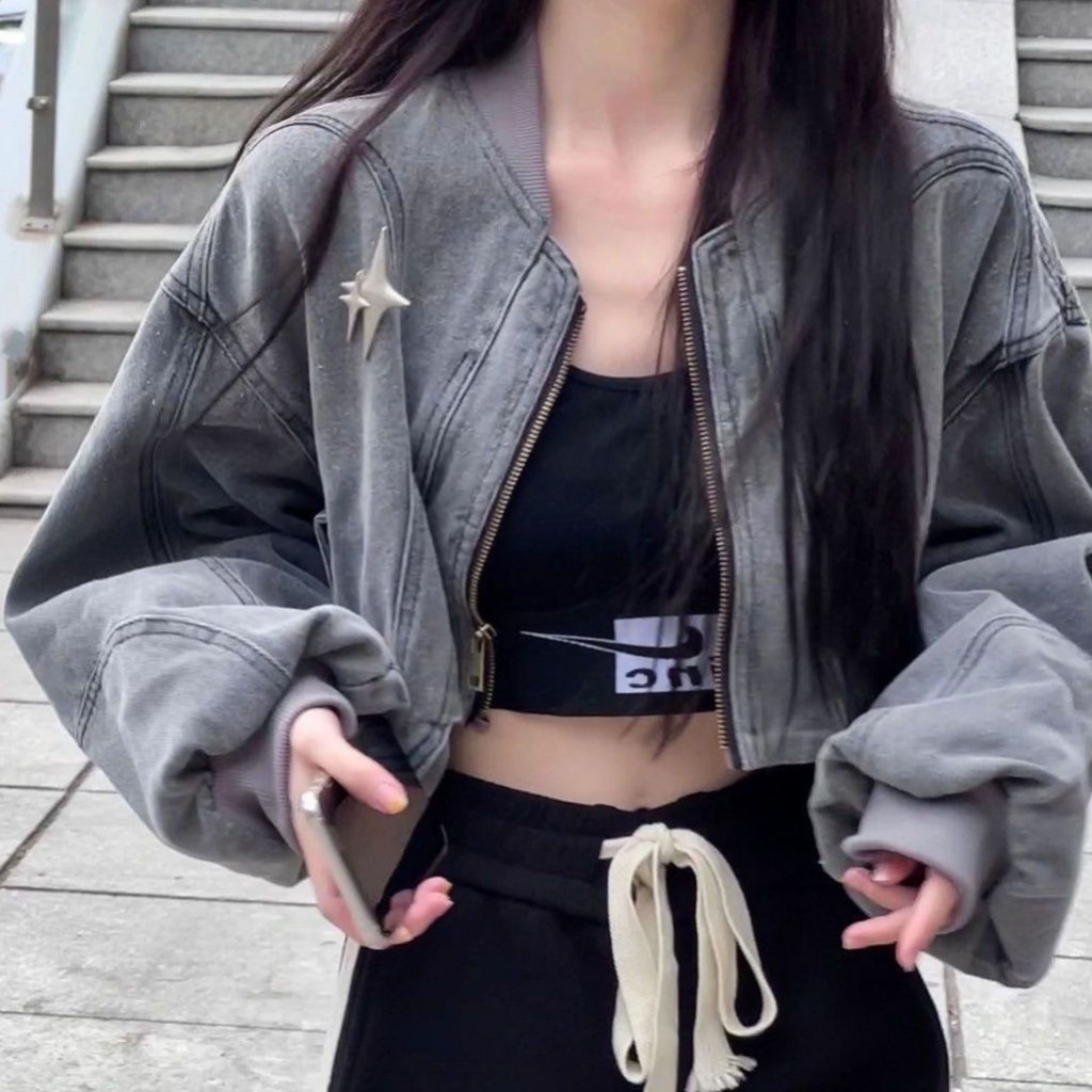 【Zbus】 áo khoác croptop nữ jean áo khoác jean nữ croptop áo khoác jean croptop áo khoác ngắn áo vest croptop Áo Khoác Denim Dáng Ngắn Tay Dài Có Khóa Kéo Phong Cách Đường Phố Mỹ Thời Trang Mùa Thu Cho Nữ