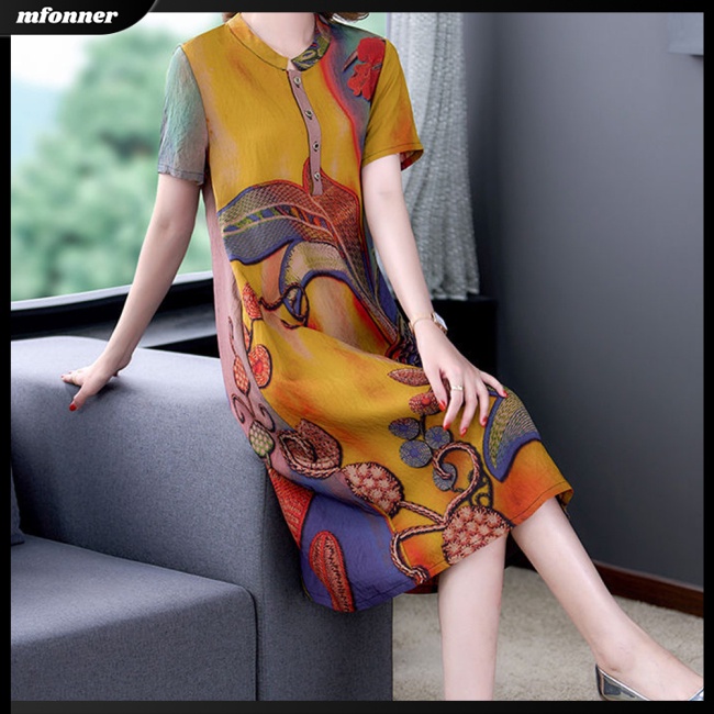 Đầm Midi Chữ A Tay Ngắn Cổ Tròn Dáng Rộng In Họa Tiết Cổ Điển Có Size Lớn Cho Nữ