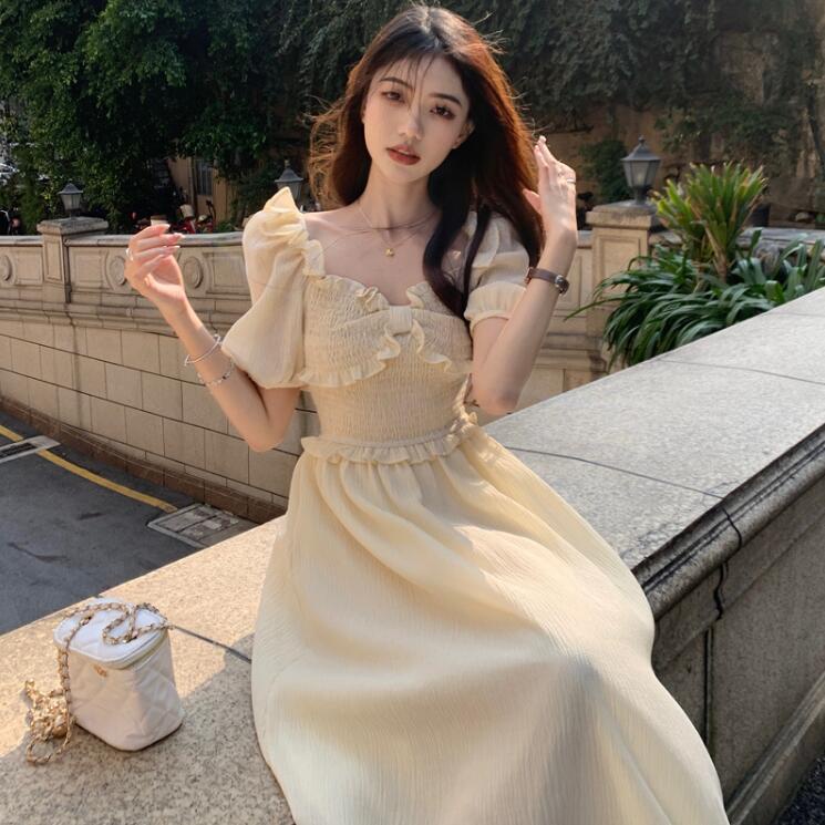 Đầm Tay Phồng Dáng Chữ A Màu Vàng Phong Cách Pháp Ngọt Ngào Thời Trang Mùa Hè Cho Nữ