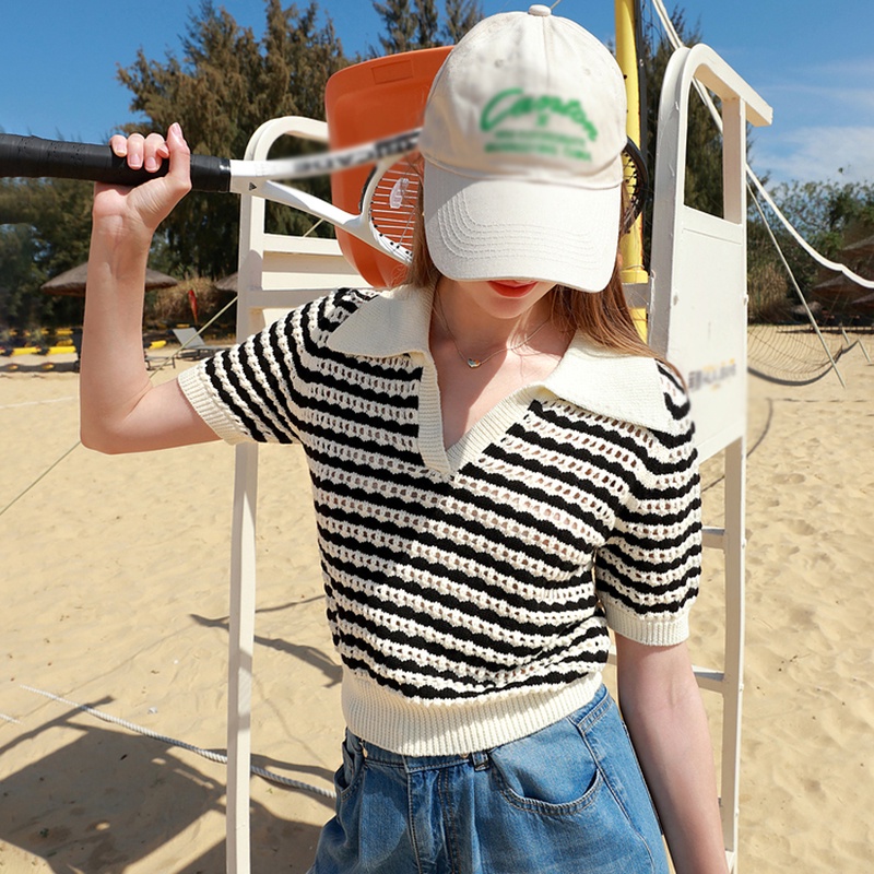 Áo Croptop Dệt Kim Tay Ngắn Cổ Bẻ Họa Tiết Kẻ Sọc Màu Tương Phản Thời Trang Cho Nữ