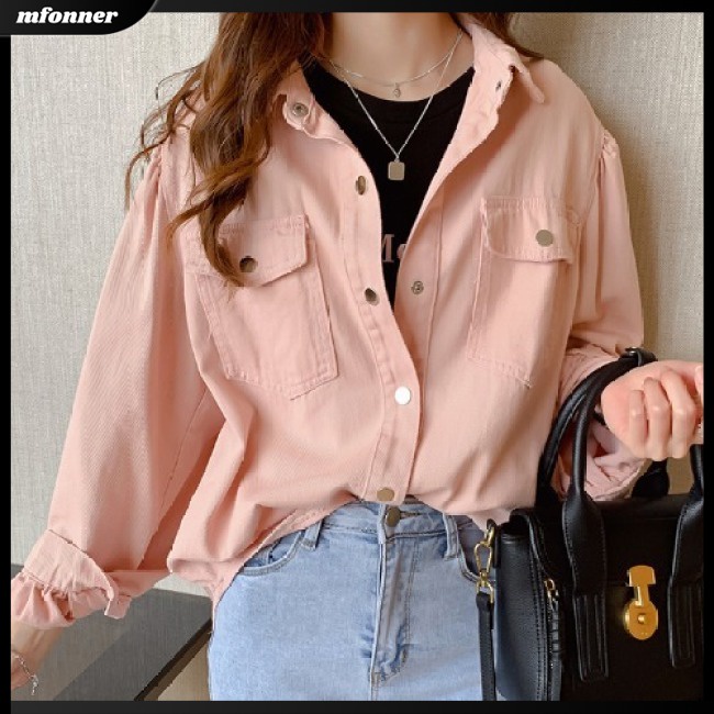 Áo Sơ Mi Denim Tay Dài Dáng Rộng Màu Sắc Đơn Giản Cho Nữ