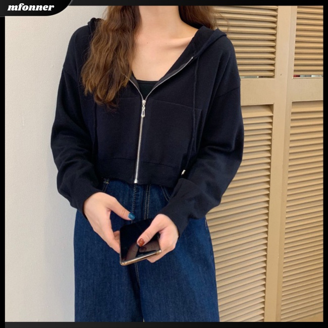 Áo Khoác Cardigan Lửng Có Nón Trùm Đầu Phối Dây Rút Dài Tay Trọng Lượng Nhẹ Toàn Diện Cho Nữ