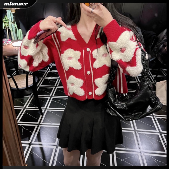 Áo Khoác Cardigan Dệt Kim Tay Dài Cổ Chữ V In Họa Tiết Hoa Thời Trang Cho Nữ