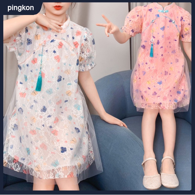 Đầm Sườn Xám Tay Ngắn Cổ Đứng Dáng Chữ A Phối Ren Lưới In Họa Tiết Bươm Bướm Xinh Xắn Cho Bé Gái