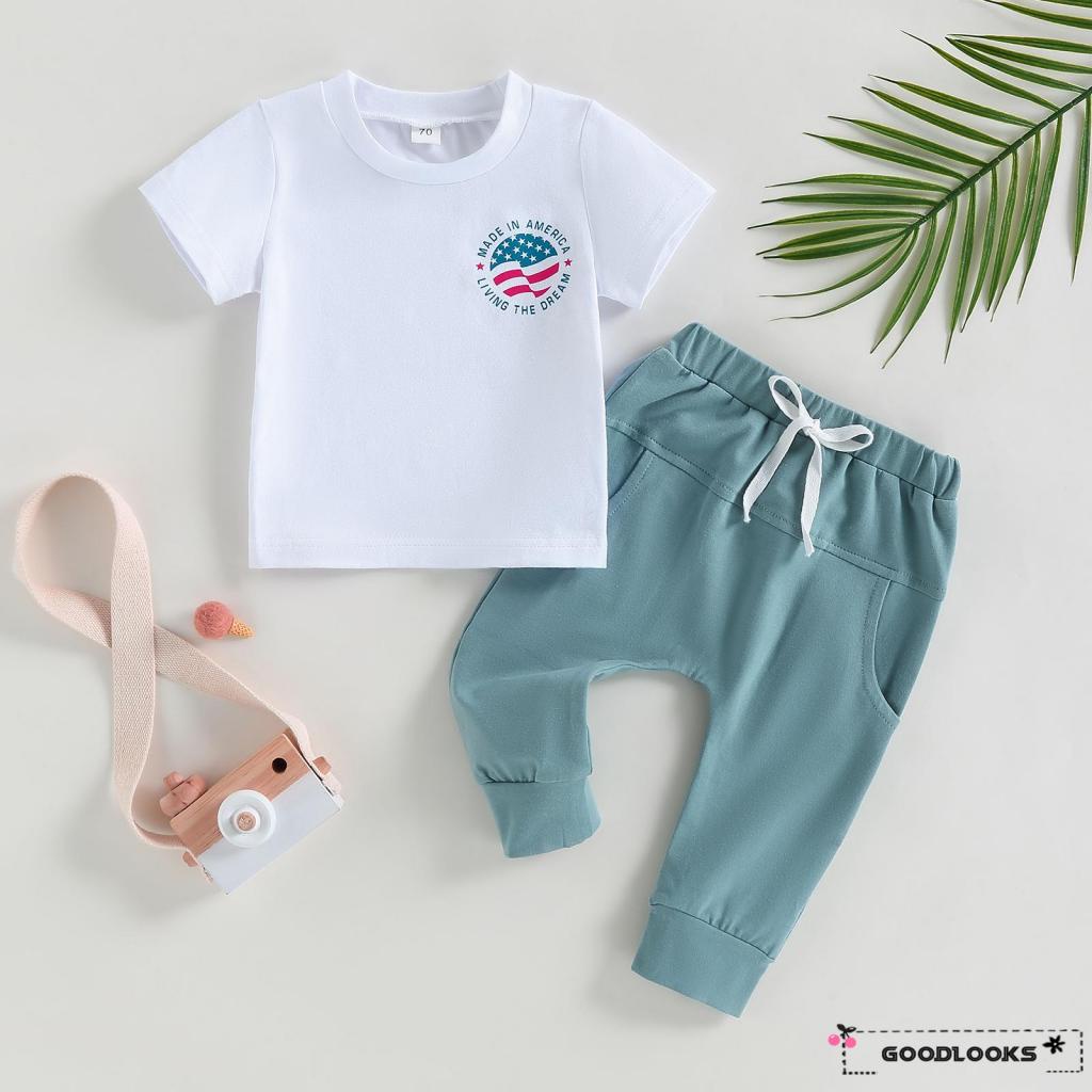 Bộ Áo Sơ Mi Ngắn Tay Cổ Tròn Kẻ Sọc In Họa Tiết Ngôi Sao + Quần Dây Rút Độc Lập Cho Bé Trai
