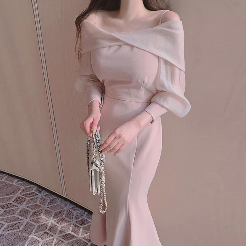 Đầm Midi Đuôi Cá Dài Đuôi Cá Tay Phồng Cổ Xoắn Hở Vai Thanh Lịch Thời Trang Xuân Thu Hàn Quốc Mới Dành Cho Bạn Nữ