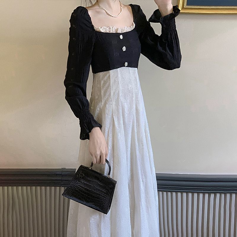 [F &amp; X] Đầm Ren Tay Dài Phong Cách Hepburn Cao Cấp Mùa Thu Sang Trọng Phong Cách Pháp Cổ Điển Cho Nữ