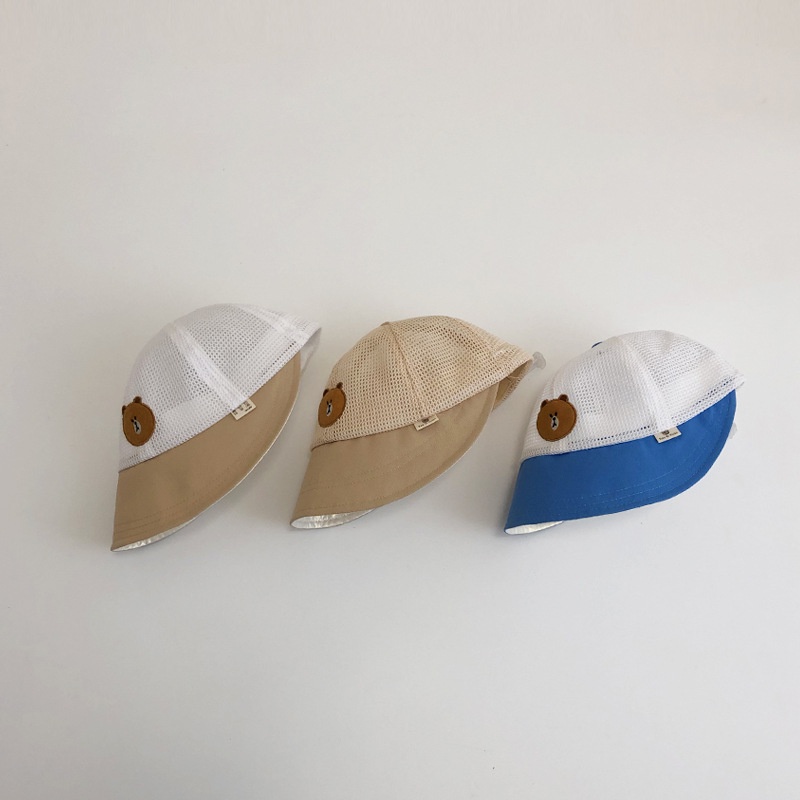 Mũ Tai Bèo Vành Rộng Phối Lưới Thoáng Khí Họa Tiết Chú Gấu Dễ Thương Thời Trang Mùa Hè Cho Bé